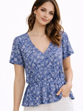 Lucky Brand Blue Floral Peplum Top Small Boho Spring Blouse V-Neck | small